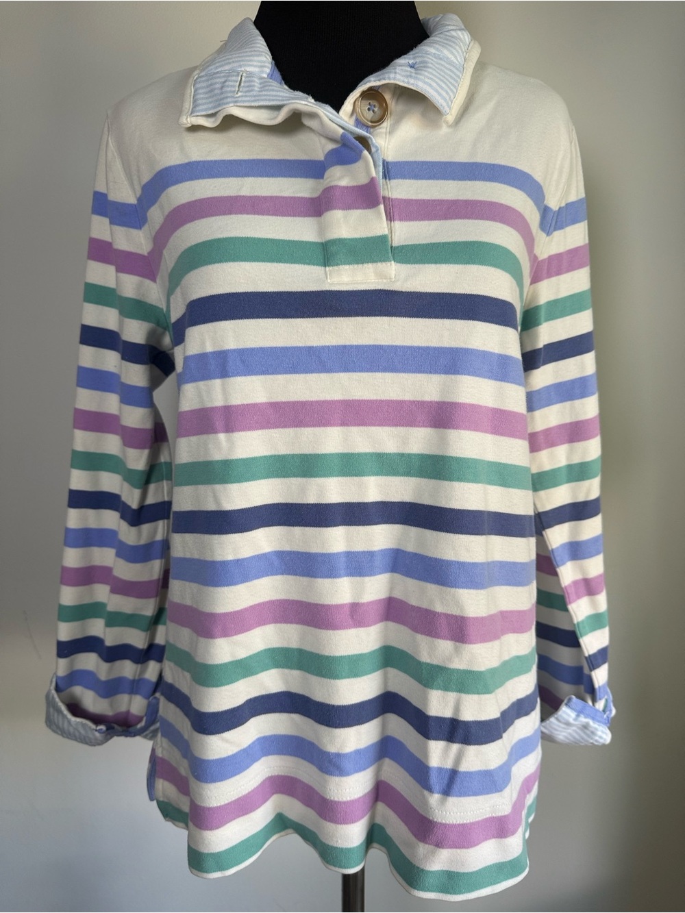 Vintage Pastel Stripe Polo Top Coastal Preppy Golf Long Sleeve M - Picture 2 of 8